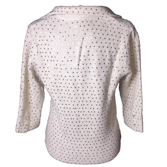 ⭐️ Boston Proper Knit Jacket Ivory/gold Sequins Sz M Jeweled Buttons