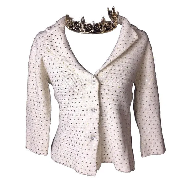 ⭐️ Boston Proper Knit Jacket Ivory/gold Sequins Sz M Jeweled Buttons