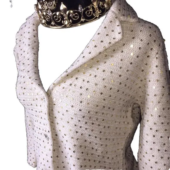 ⭐️ Boston Proper Knit Jacket Ivory/gold Sequins Sz M Jeweled Buttons
