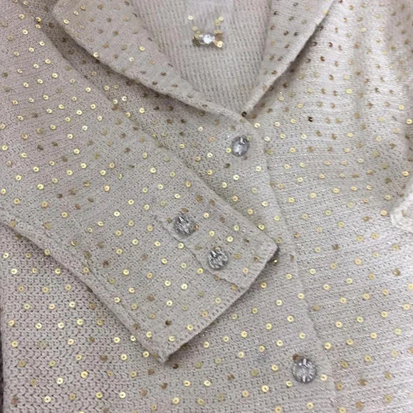 ⭐️ Boston Proper Knit Jacket Ivory/gold Sequins Sz M Jeweled Buttons