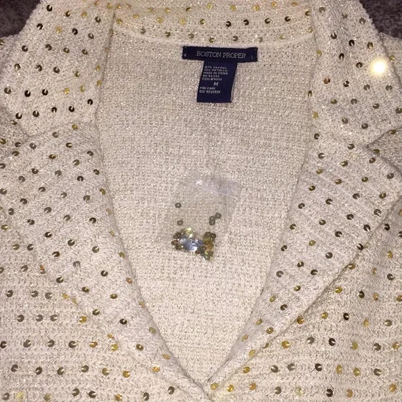 ⭐️ Boston Proper Knit Jacket Ivory/gold Sequins Sz M Jeweled Buttons