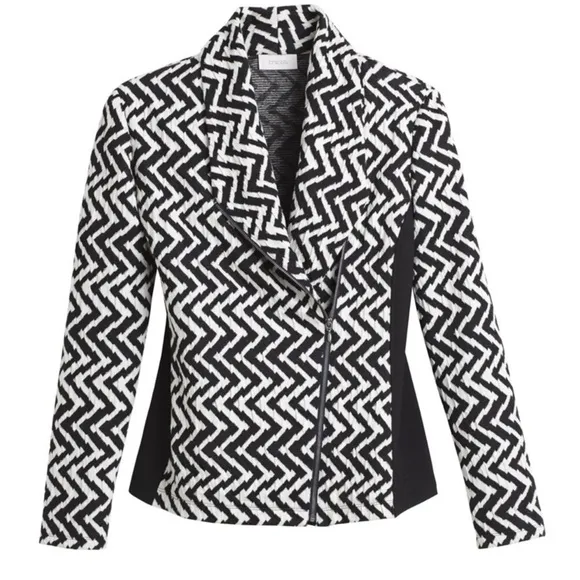 - NWT Chico’s Black White Jacket Moto Vertical Chevron Zig Zag Asymmetrical Zip