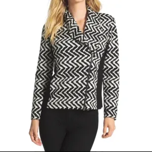- NWT Chico’s Black White Jacket Moto Vertical Chevron Zig Zag Asymmetrical Zip