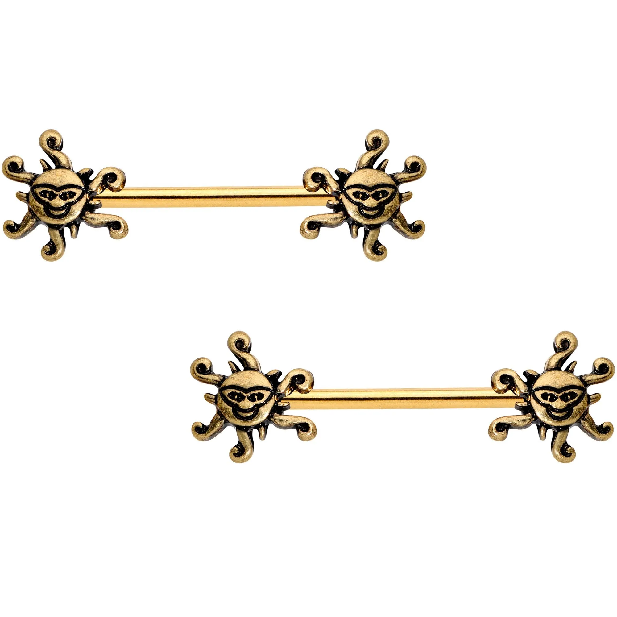 14 Gauge 9/16 Gold Tone Summer Sunshine Barbell Nipple Ring Set