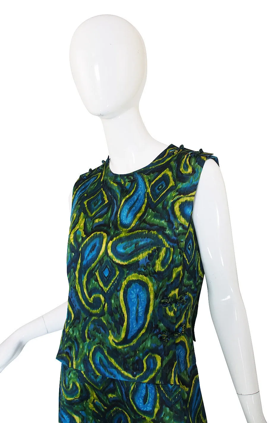 1960s Pretty Green & Blue Silk Shift Dress