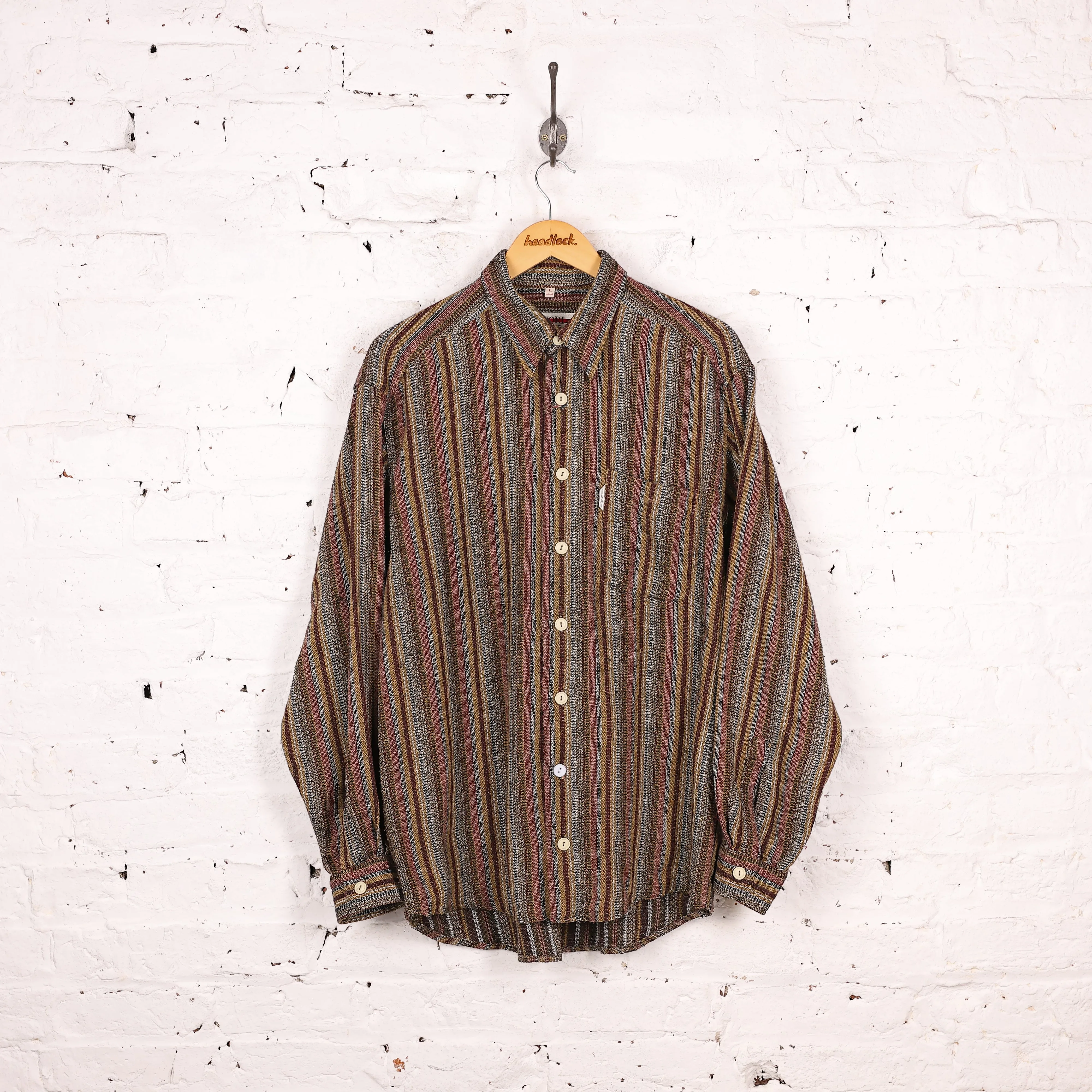 90s Striped Flannel Shirt - Brown - L