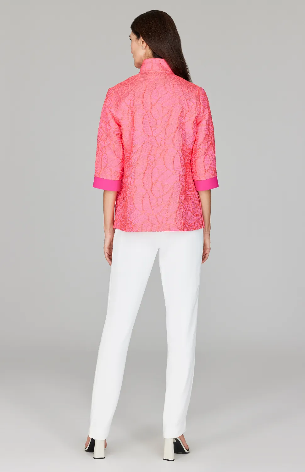Abstract Botanic Stretch Jacquard Open Front High Neck Shirt Jacket