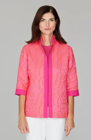 Abstract Botanic Stretch Jacquard Open Front High Neck Shirt Jacket