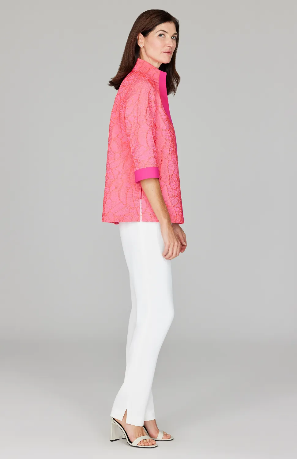 Abstract Botanic Stretch Jacquard Open Front High Neck Shirt Jacket