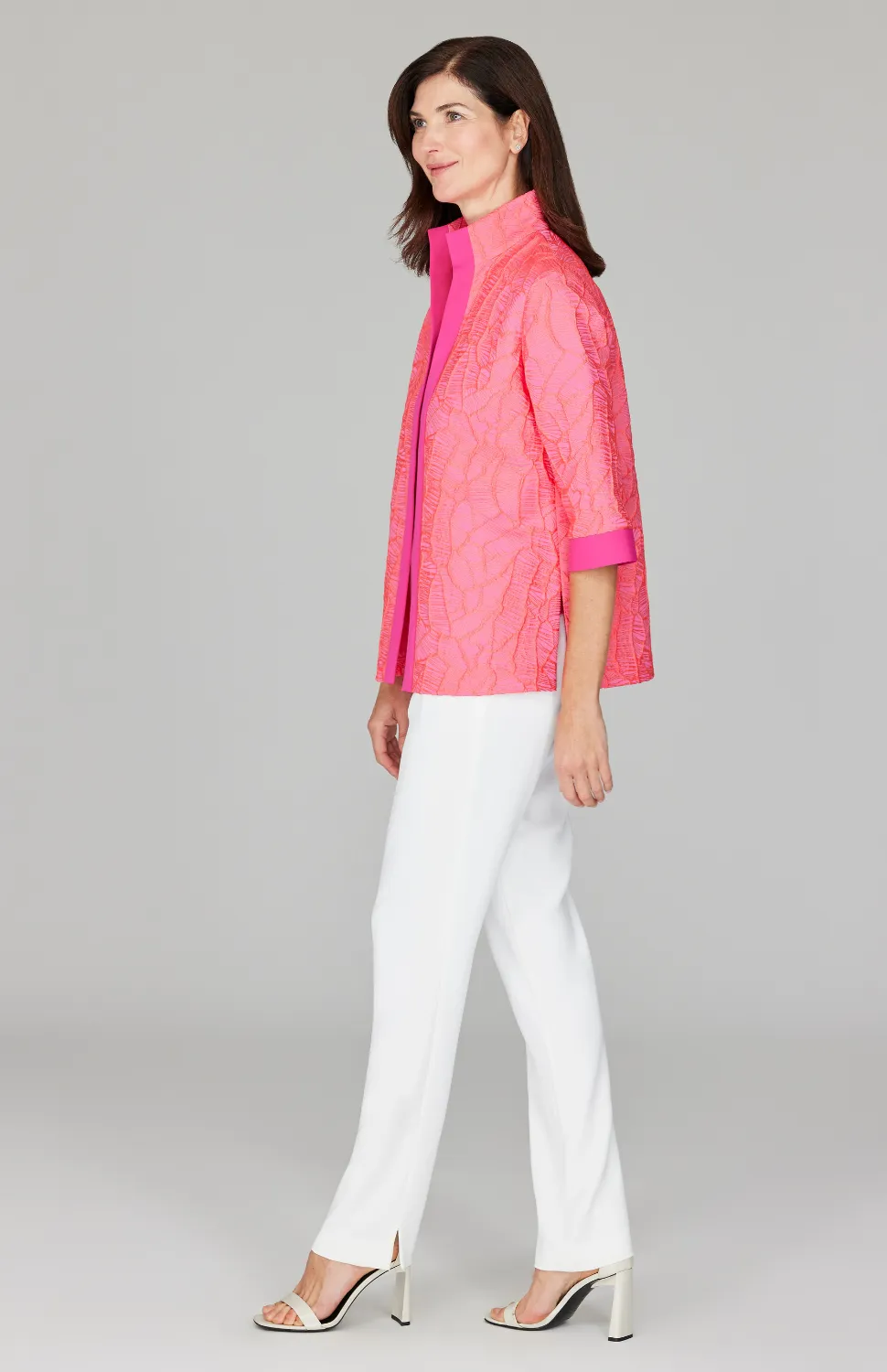 Abstract Botanic Stretch Jacquard Open Front High Neck Shirt Jacket