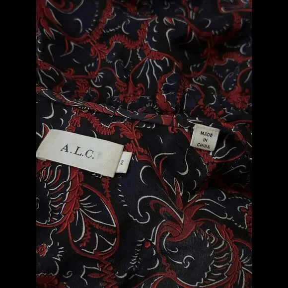 A.L.C. Dress 2 Womens Red Blue Poinsettia Long Sleeve Shift 100% Silk