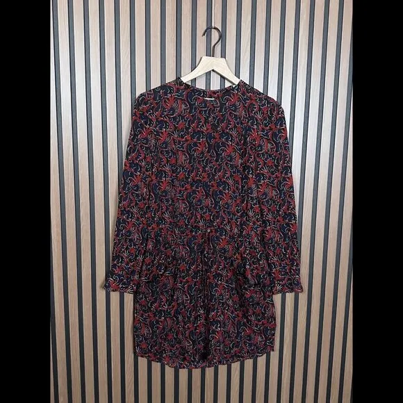 A.L.C. Dress 2 Womens Red Blue Poinsettia Long Sleeve Shift 100% Silk
