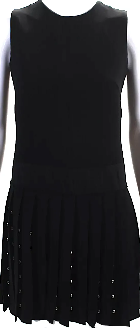 Alexander McQueen UK. McQ. BBlack Studded Crew Neck Pleated Shift Dress