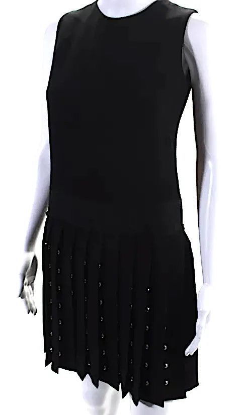 Alexander McQueen UK. McQ. BBlack Studded Crew Neck Pleated Shift Dress
