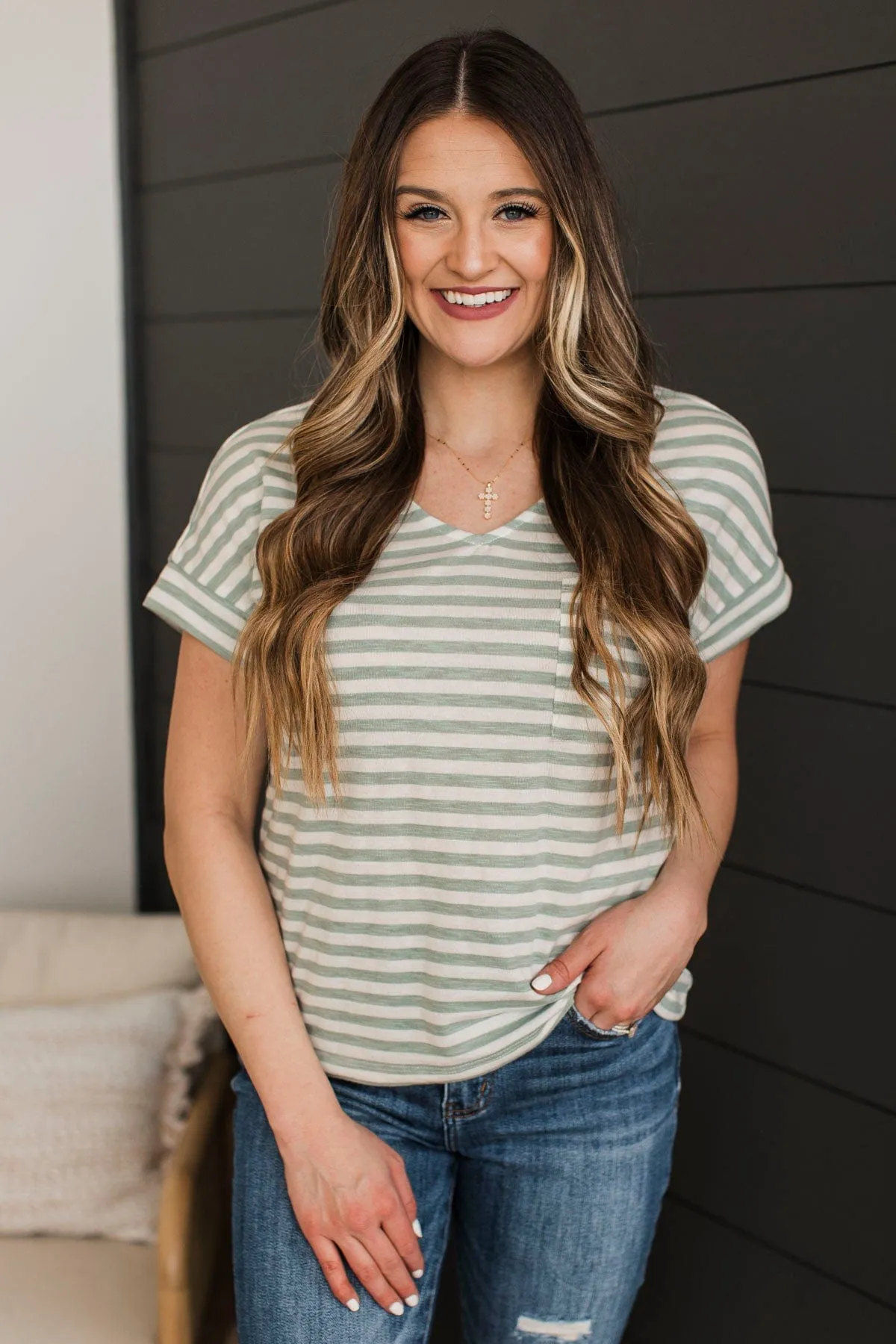 All About Simplicity Striped Top- Ivory & Dusty Mint