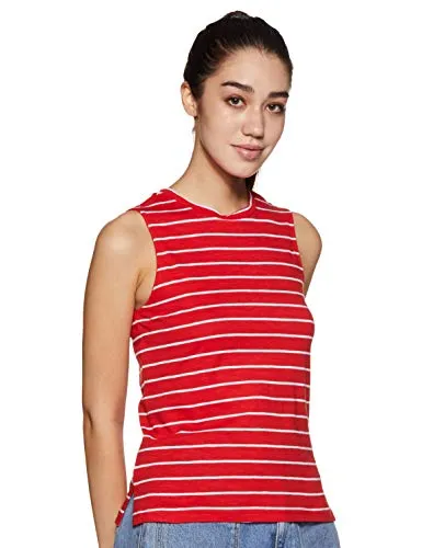 Amazon Brand - Symbol Women's Striped Regular Fit Sleeveless Cotton T-Shirt (SYMAW19TS035B_Red_Large)