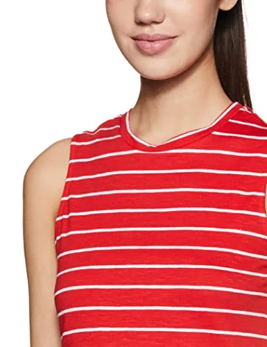 Amazon Brand - Symbol Women's Striped Regular Fit Sleeveless Cotton T-Shirt (SYMAW19TS035B_Red_Large)