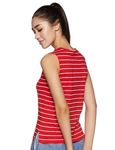 Amazon Brand - Symbol Women's Striped Regular Fit Sleeveless Cotton T-Shirt (SYMAW19TS035B_Red_Large)