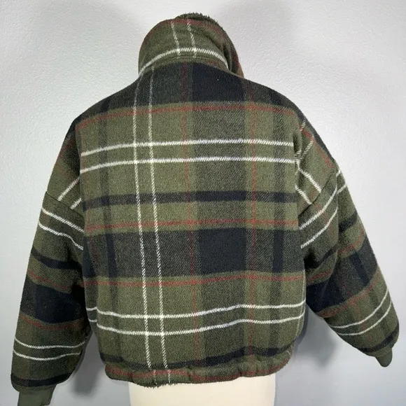 American Eagle XXSMALL Reversible Bomber Jacket Green Sherpa 2 Plaid Flannel