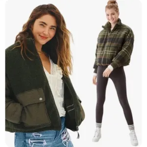 American Eagle XXSMALL Reversible Bomber Jacket Green Sherpa 2 Plaid Flannel
