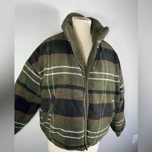 American Eagle XXSMALL Reversible Bomber Jacket Green Sherpa 2 Plaid Flannel