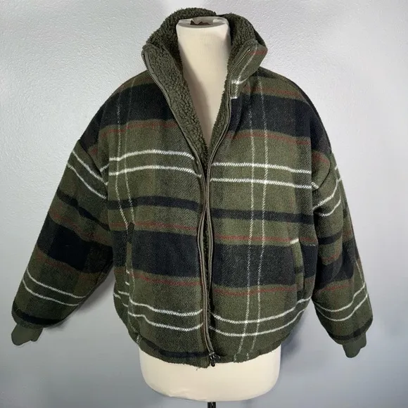 American Eagle XXSMALL Reversible Bomber Jacket Green Sherpa 2 Plaid Flannel