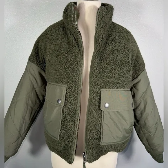 American Eagle XXSMALL Reversible Bomber Jacket Green Sherpa 2 Plaid Flannel