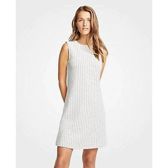 &quot;ANN TAYLOR&quot; WHITE GEO PRINT SLEEVELESS SHIFT TRAPEZE SWING DRESS SIZE: 14 NWT