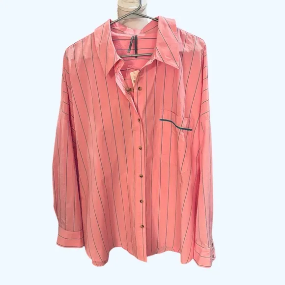 Anthropologie Oversized Pink Striped Pajama Shirt Size L. NWT