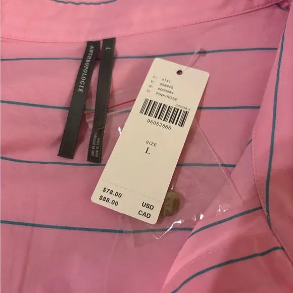 Anthropologie Oversized Pink Striped Pajama Shirt Size L. NWT