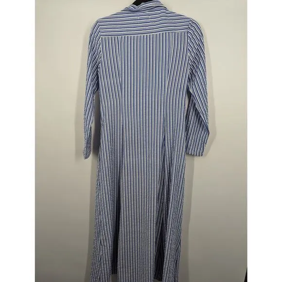 ANTHROPOLOGIE Porridge Tie Front Striped Shirt Dress Blue White XS Midi Maxi