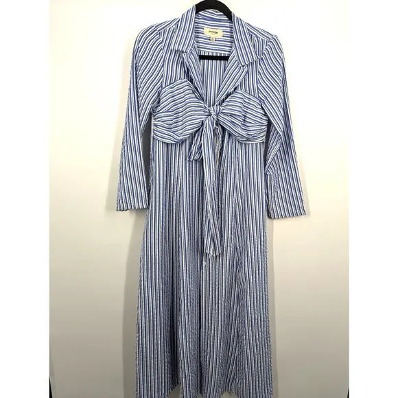 ANTHROPOLOGIE Porridge Tie Front Striped Shirt Dress Blue White XS Midi Maxi