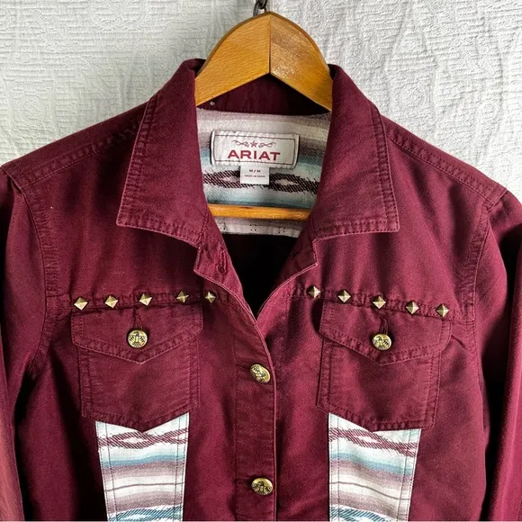 Ariat La Madre Jacket Women Medium Burgundy Aztec Shacket Western Button Cowgirl