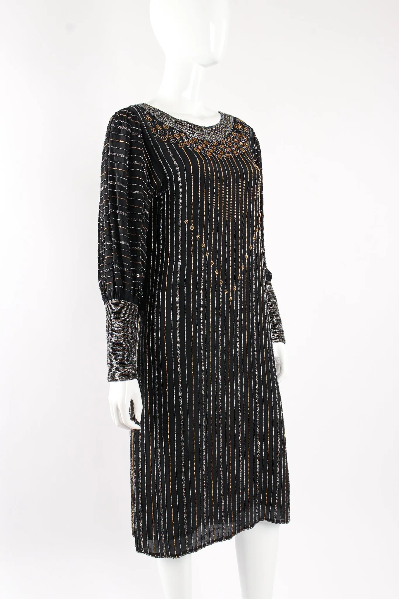Bead Striped Silk Shift Dress