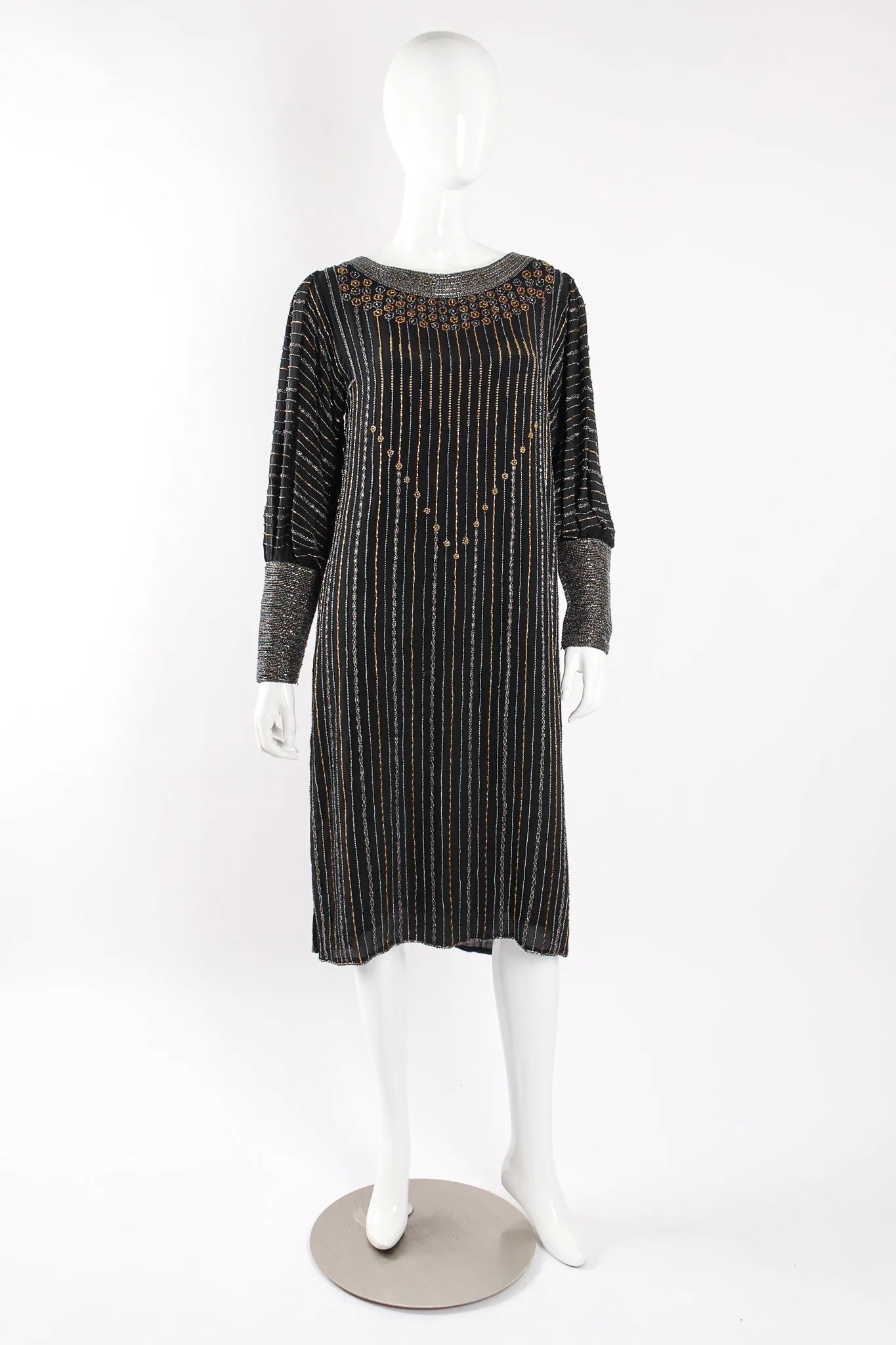 Bead Striped Silk Shift Dress