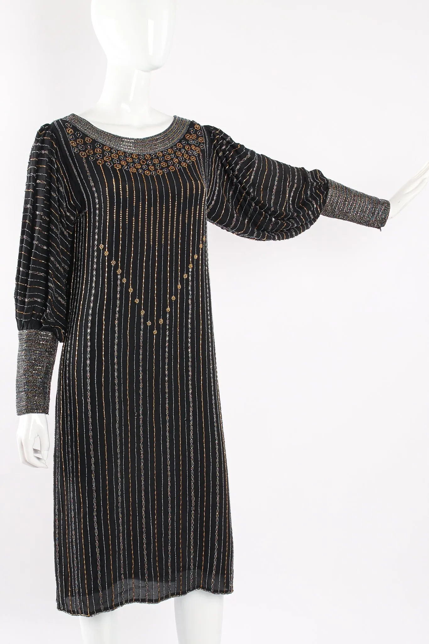 Bead Striped Silk Shift Dress