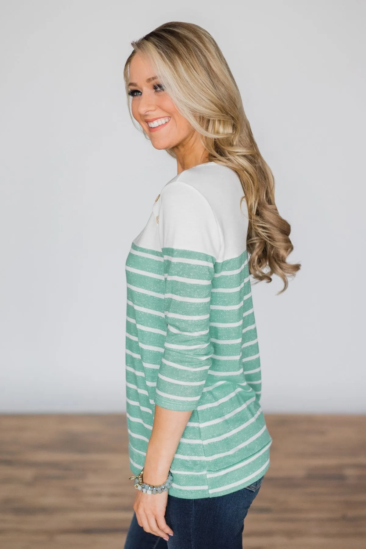 Beautiful in Buttons Striped Top ~ Mint