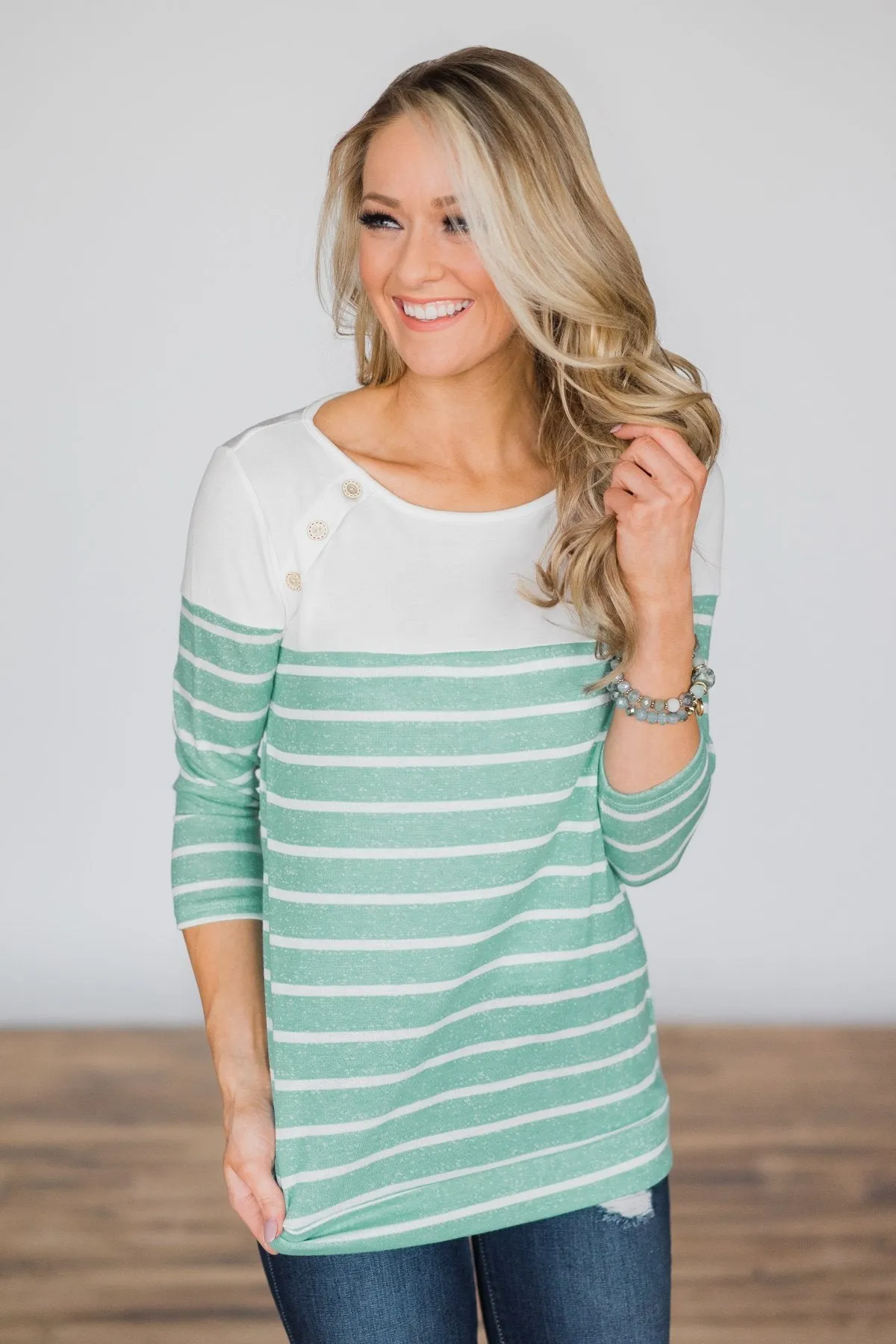Beautiful in Buttons Striped Top ~ Mint