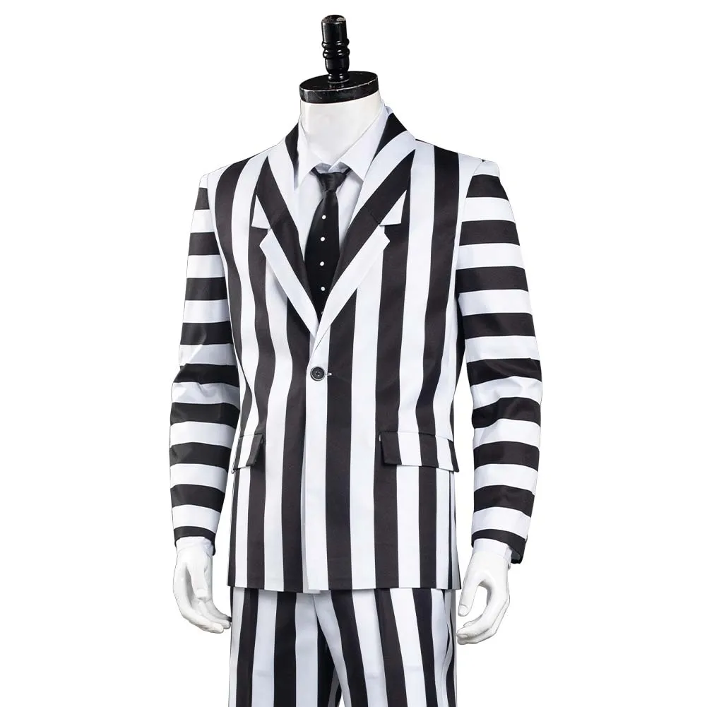 Beetlejuice Halloween Carnival Costume Adam Cosplay Costume Men Black and White Striped Suit Jacket Shirt Pants Outfit