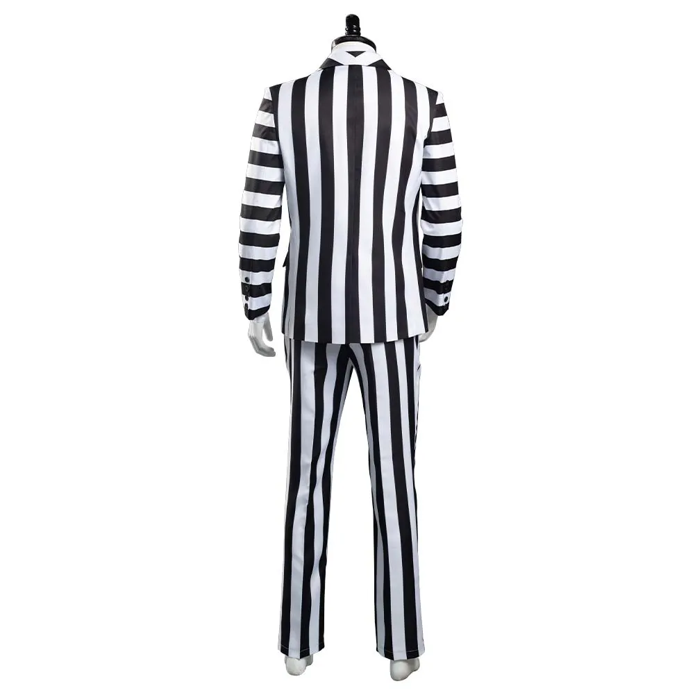 Beetlejuice Halloween Carnival Costume Adam Cosplay Costume Men Black and White Striped Suit Jacket Shirt Pants Outfit