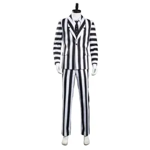 Beetlejuice Halloween Carnival Costume Adam Cosplay Costume Men Black and White Striped Suit Jacket Shirt Pants Outfit