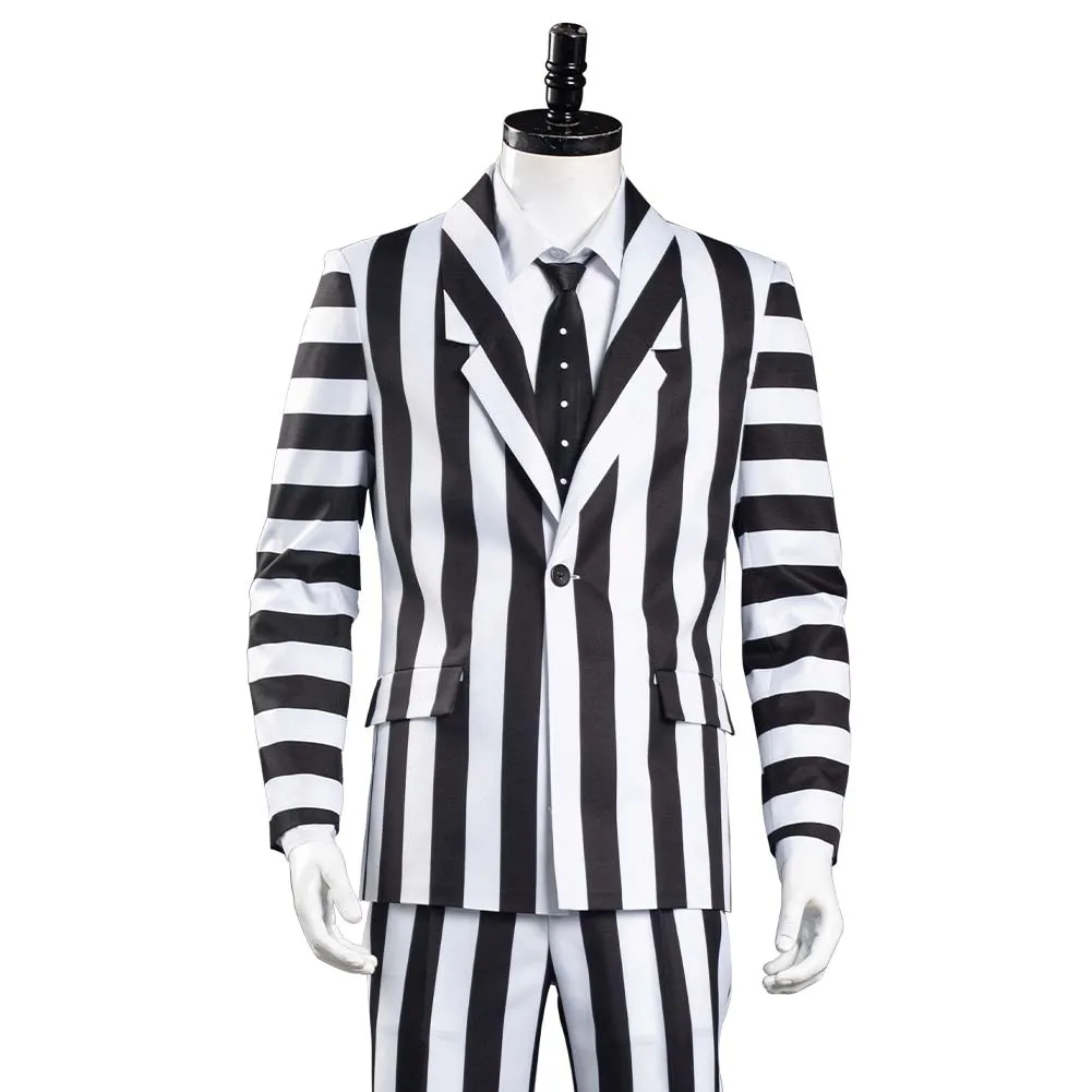 Beetlejuice Halloween Carnival Costume Adam Cosplay Costume Men Black and White Striped Suit Jacket Shirt Pants Outfit
