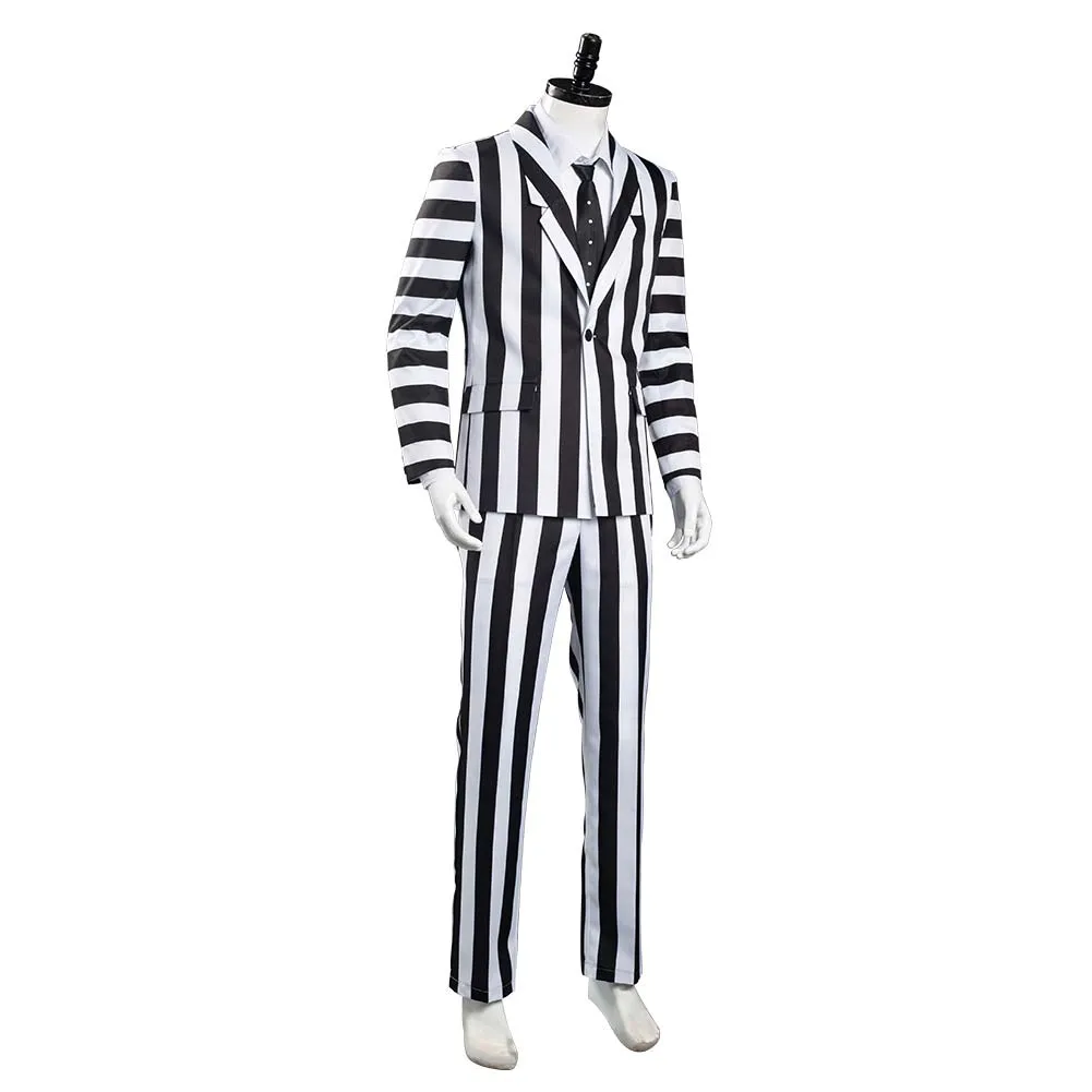 Beetlejuice Halloween Carnival Costume Adam Cosplay Costume Men Black and White Striped Suit Jacket Shirt Pants Outfit