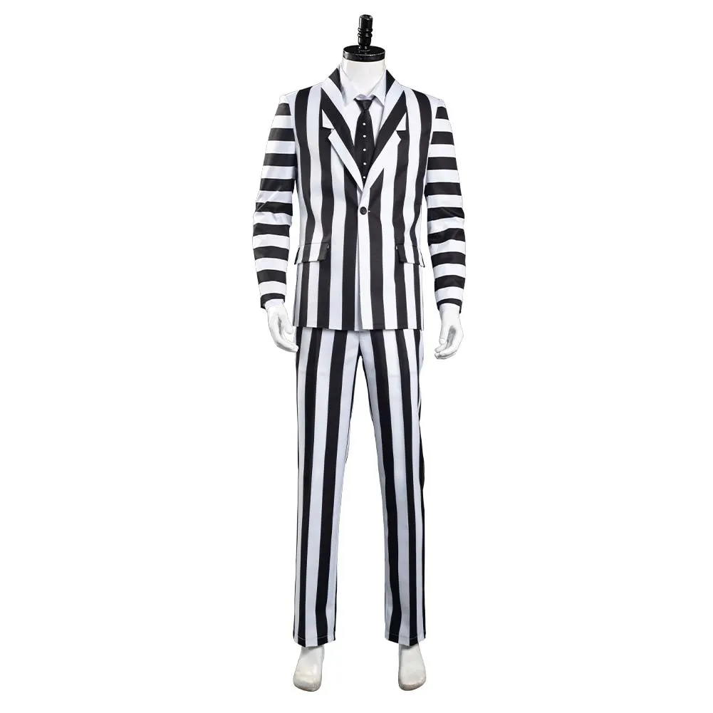 Beetlejuice Halloween Carnival Costume Adam Cosplay Costume Men Black and White Striped Suit Jacket Shirt Pants Outfit