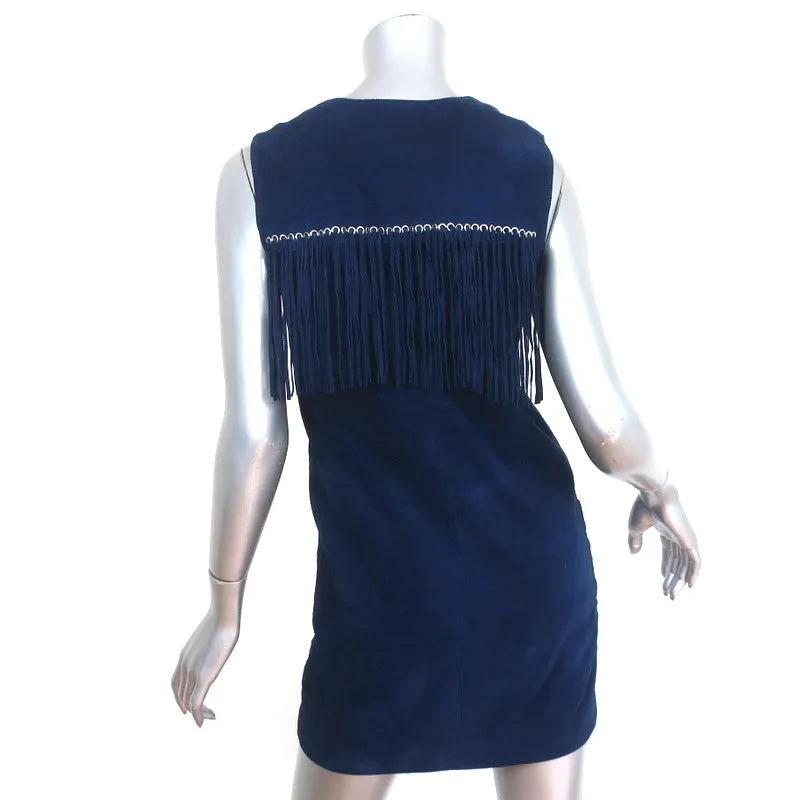 Belstaff Fringed Suede Mini Dress Brigitte Navy Size 40 Sleeveless V-Neck Shift