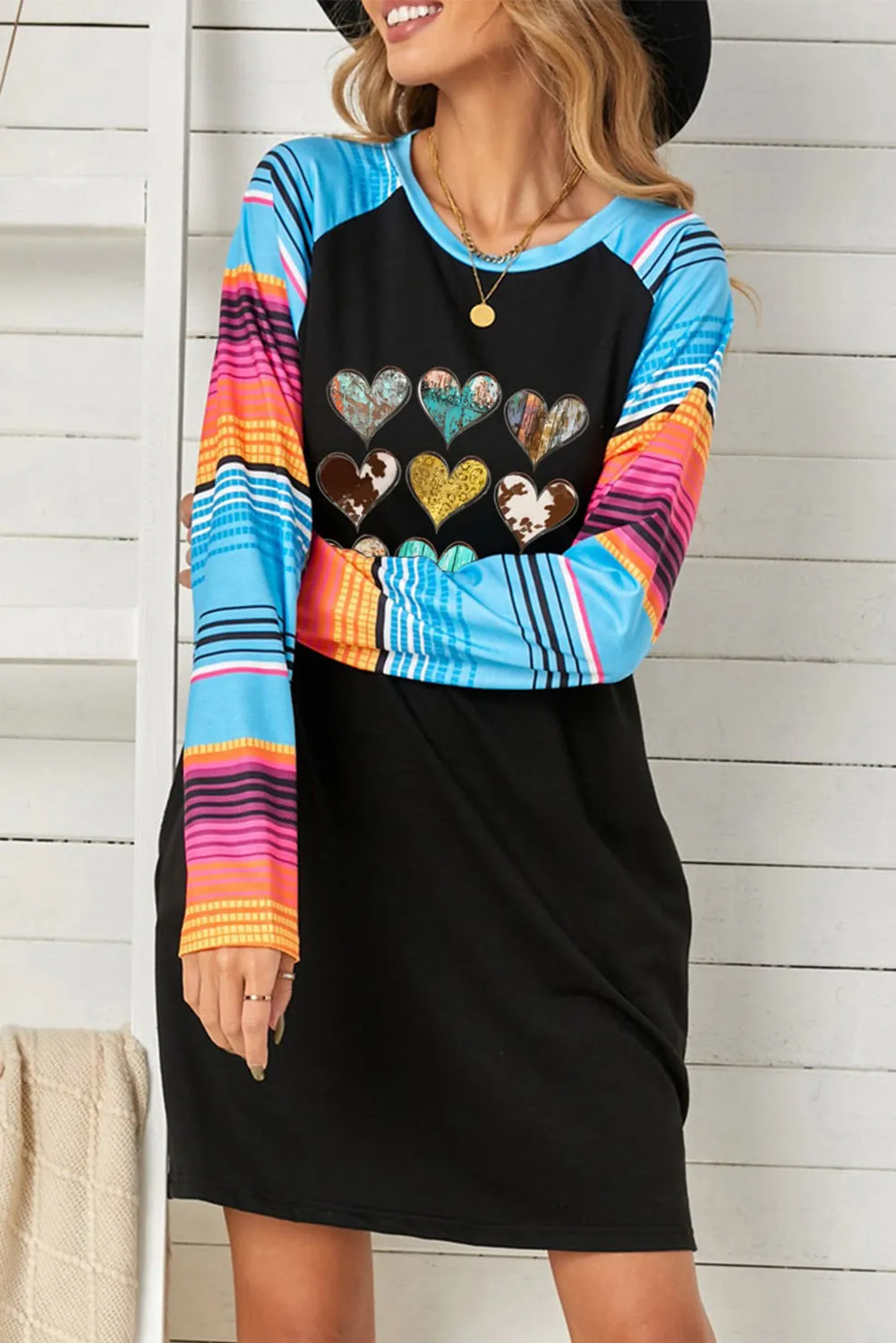 Black Hearts Print Striped Long Sleeve Shift Mini Dress with Pockets