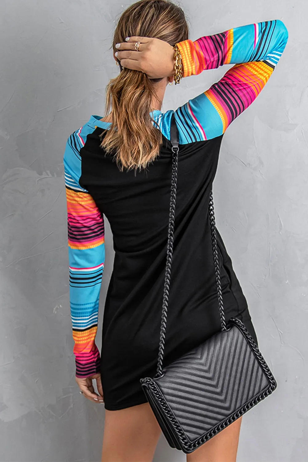 Black Hearts Print Striped Long Sleeve Shift Mini Dress with Pockets