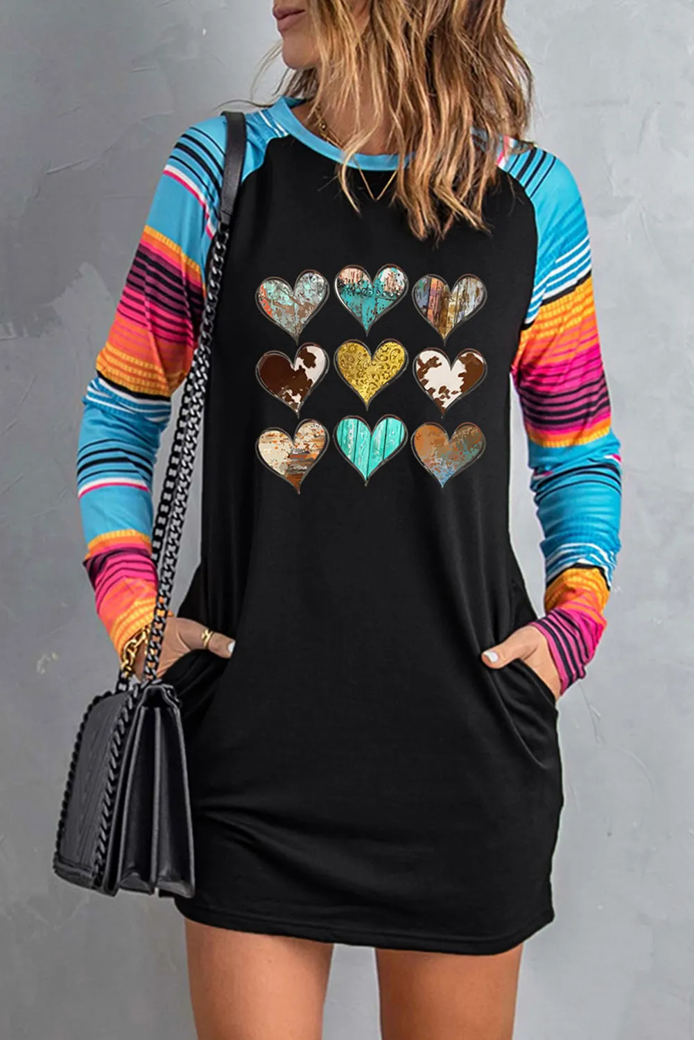 Black Hearts Print Striped Long Sleeve Shift Mini Dress with Pockets