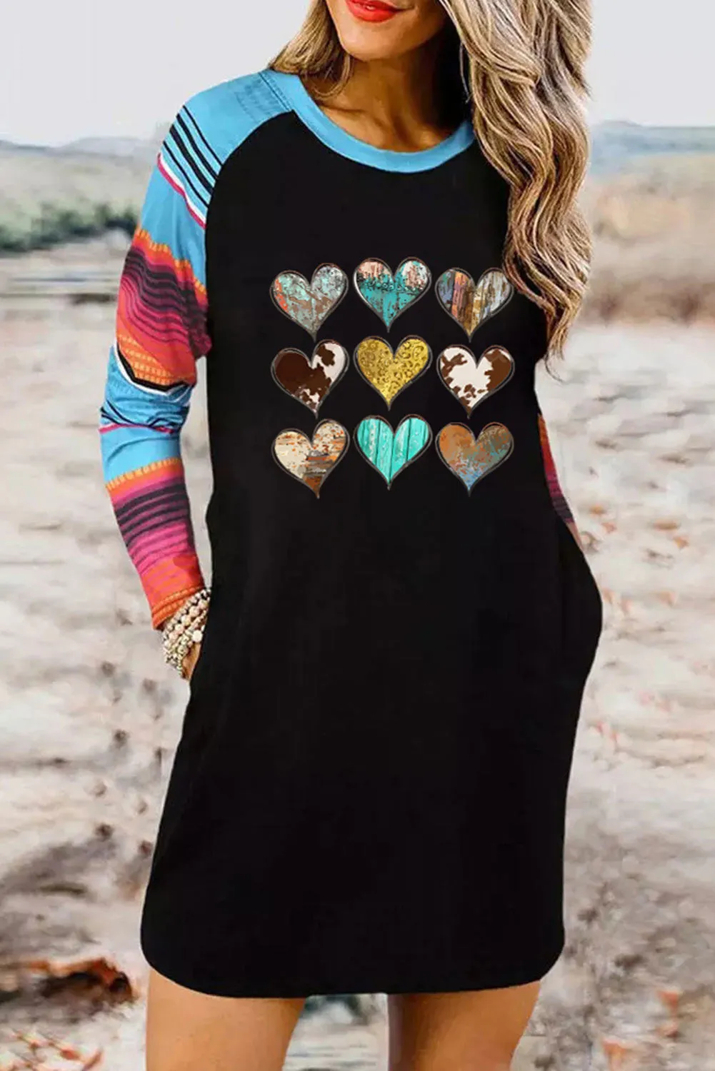Black Hearts Print Striped Long Sleeve Shift Mini Dress with Pockets