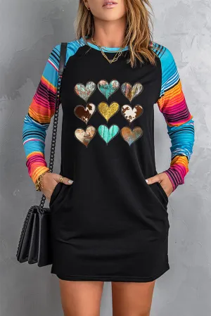 Black Hearts Print Striped Long Sleeve Shift Mini Dress with Pockets